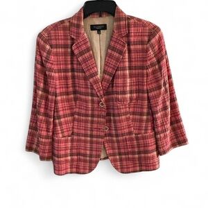 Talbots Red and Brown Plaid‎ Blazer with Notched Lapel